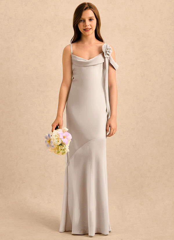 Azazie Kai Girls Formal Sukienki dla dziewczynek sypiących kwiaty Osłona Pofałdowany Satyna elastyczna Długość podłogi Sukienka image1