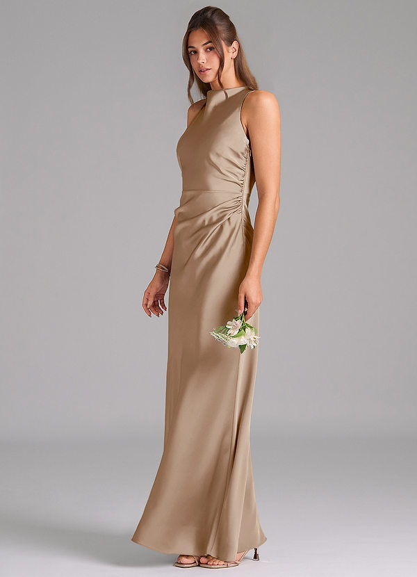 Azazie Evadne Bridesmaid Dresses Taupe A-Line Pleated Stretch Satin Dress image1