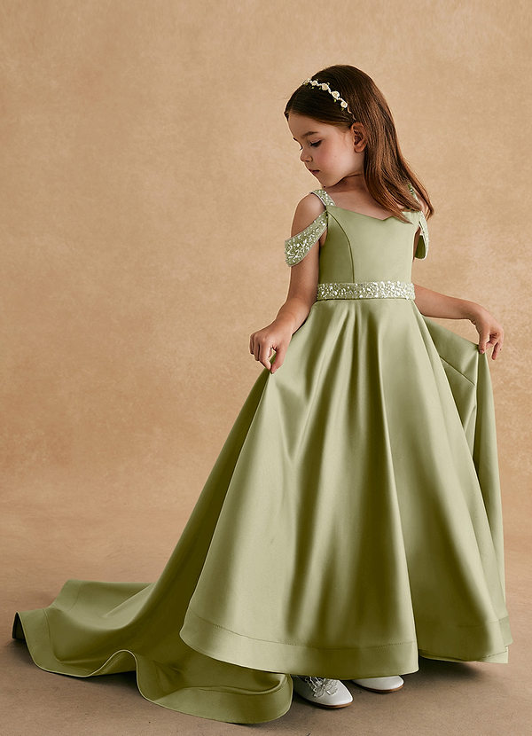Azazie Jodi Robes de Fillette d'Honneur Robe Trapèze en Mat Satiné Vert Mousse image1