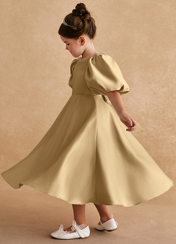 Azazie Sugarplum Flower Girl Dresses Gold A-Line with Sleeves Matte Satin Dress image1