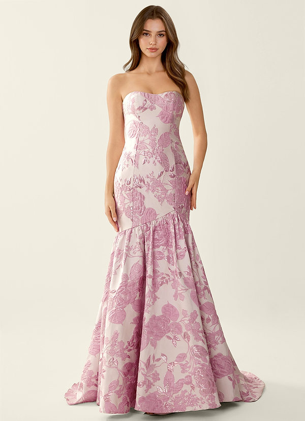 Jacinta Pink Floral Jacquard wrap Mermaid Prom Dress image1