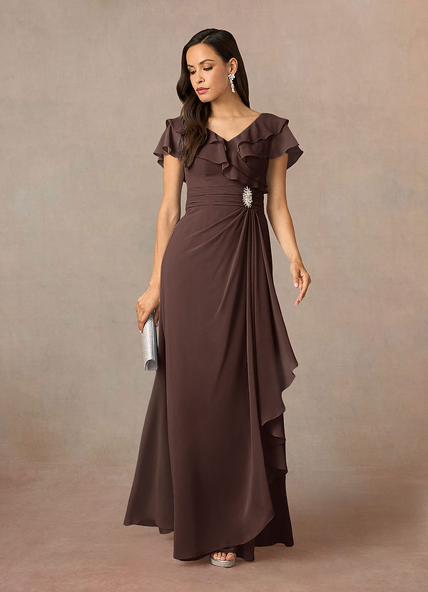 Azazie Snapdragon Mother of the Brides Dresses Ganache A-Line V-Neck Ruched Chiffon Dress image1