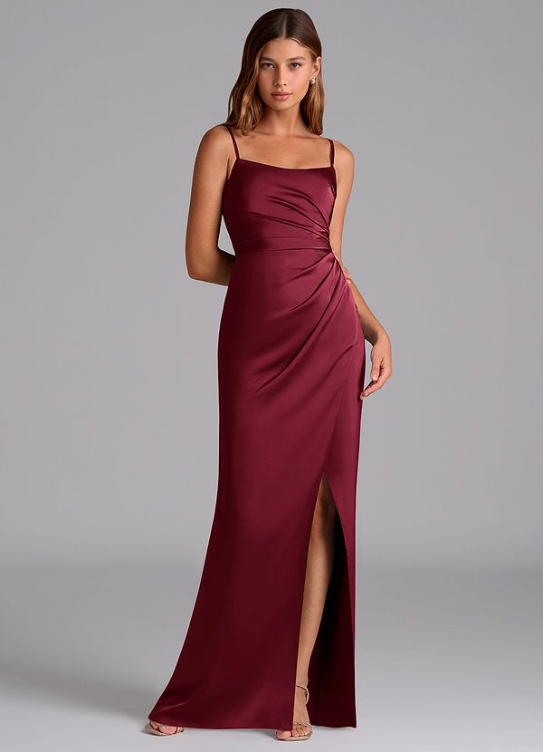 Azazie Calandra Bridesmaid Dresses Burgundy Sheath Pleated Stretch Satin Dress image1