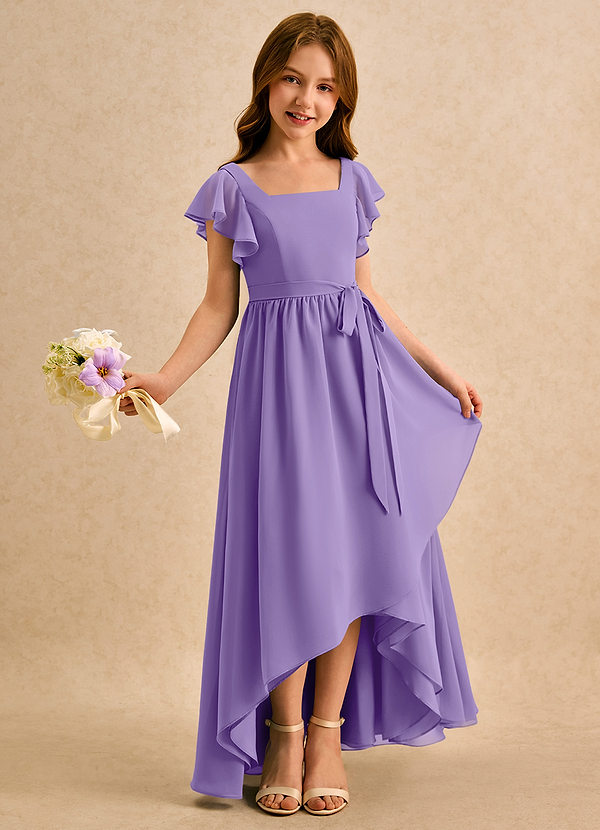 Azazie Milly Girls Formal Sukienki dla dziewczynek sypiących kwiaty Linia A Pofałdowany Szyfon Asymetryczny Sukienka image1