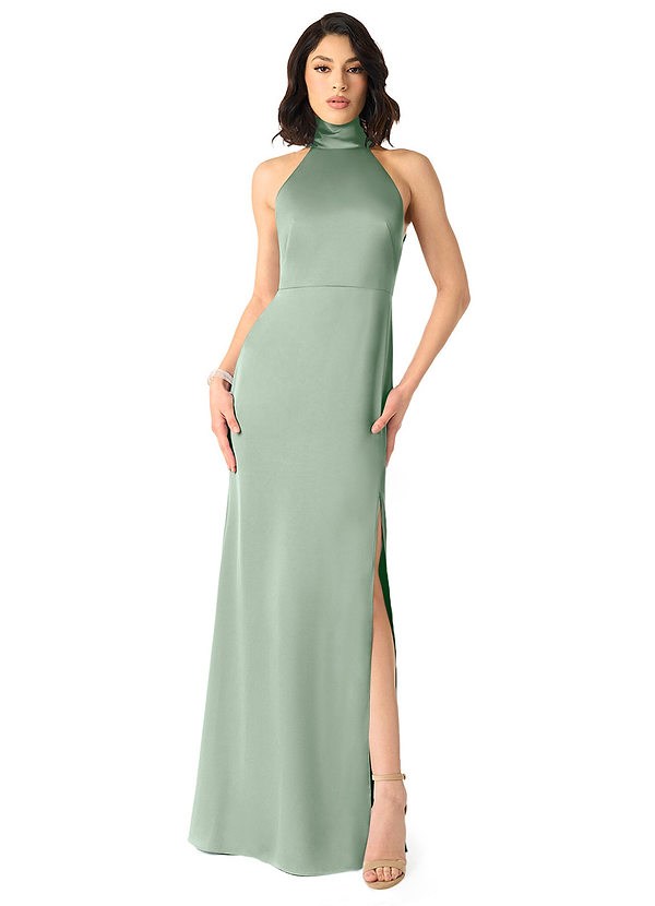 Azazie x Delaney Bridesmaid Dresses Agave Sheath High Neck Stretch Satin Dress image1