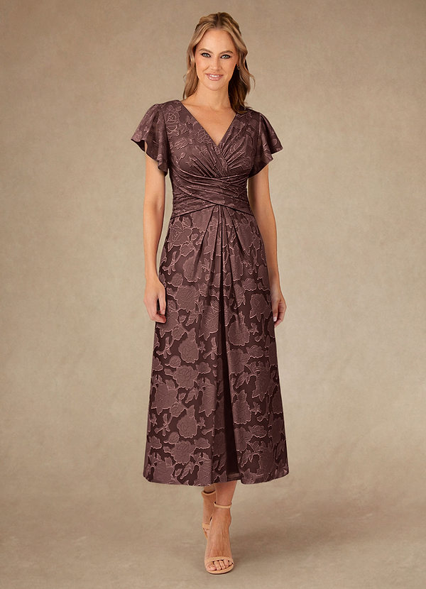 Azazie Vera Mother of the Brides Dresses Espresso A-Line Pleated Floral Burnout Dress image1