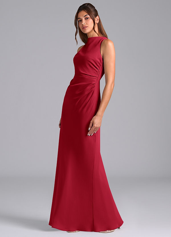 Azazie Evadne Bridesmaid Dresses Scarlet Sheath Pleated Chiffon Dress image1