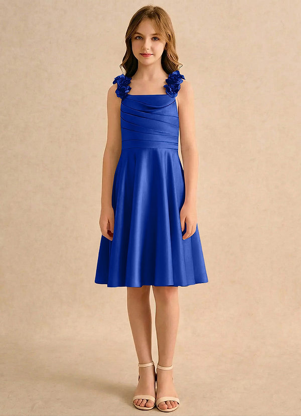 Azazie Resa Girls Formal Blomsterpigekjoler A-Line Plisseret Mat satin Knælængde Kjole image1