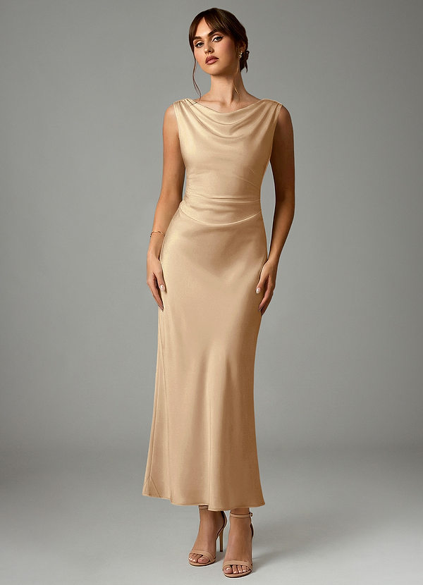 Azazie Kieryn Bridesmaid Dresses Champagne Mermaid Pleated Stretch Satin Dress image1