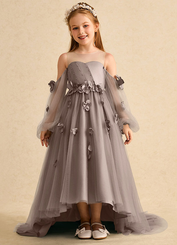Azazie Karrie Robes de Fillette d'Honneur Robe Trapèze en Tulle avec manches Taupe image1