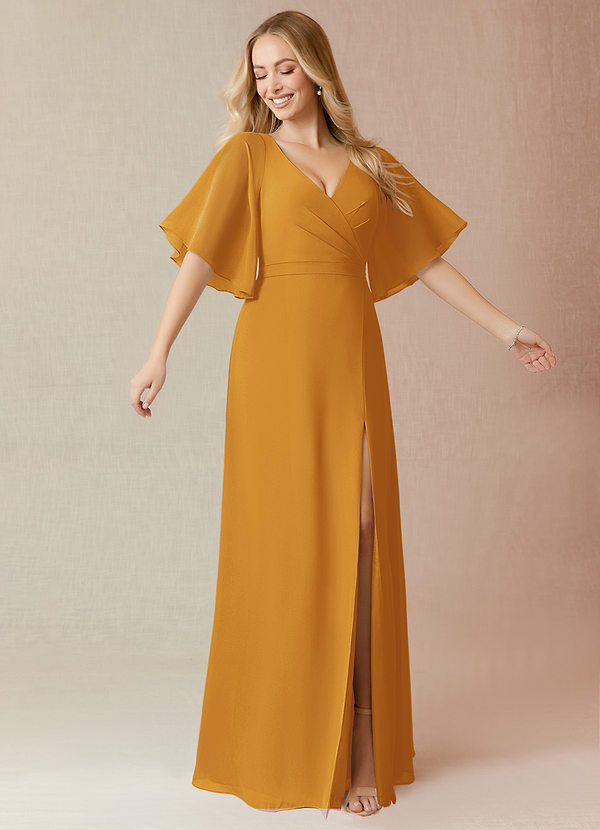 Azazie Cierra Bridesmaid Dresses Butterscotch A-Line V-Neck Chiffon Dress image1