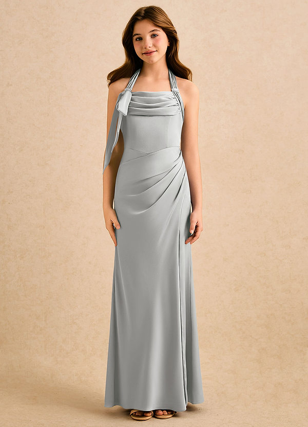 Azazie Snow Girls Formal Sukienki dla dziewczynek sypiących kwiaty Osłona Pofałdowany Satyna elastyczna Długość podłogi Sukienka image1