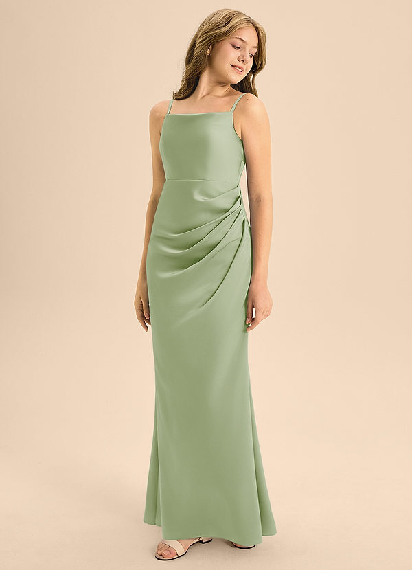 Azazie Renna Junior Robe Trapèze en Satin extensible Plissée Vert Sauge image1