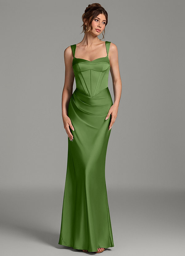Azazie Mela Robes de demoiselle d'honneur Robe Fourreau en Satin extensible Corset Basilic image1