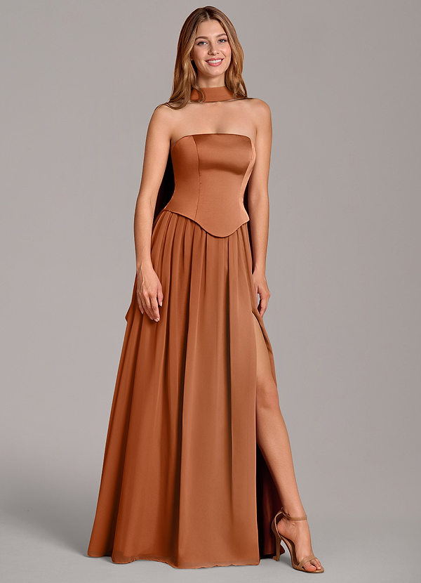 Azazie Cadence Bridesmaid Dresses Copper A-Line Corset Stretch Satin Convertible Dress image1