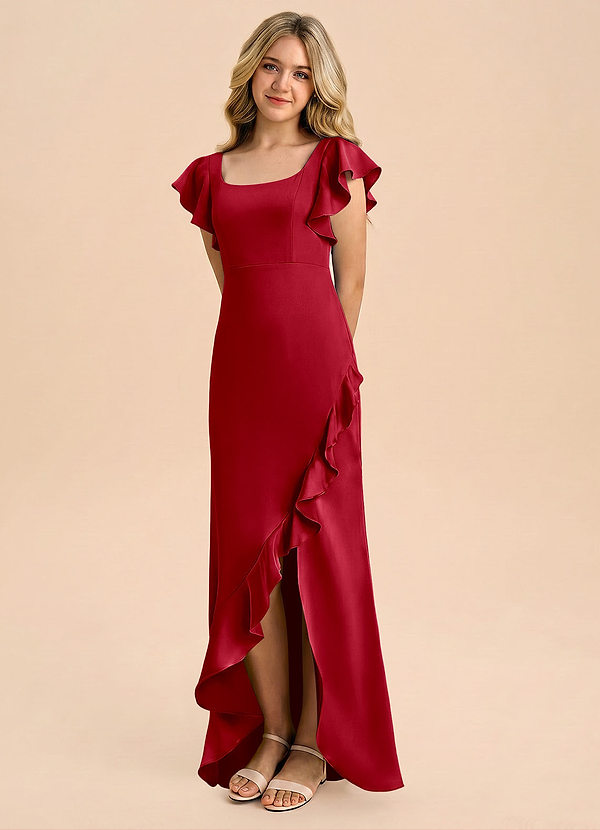 Azazie Demi Junior Scarlet Mermaid Bow Stretch Satin Dress image1