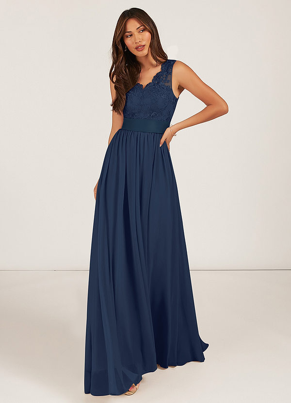 Azazie Gertrude Bridesmaid Dresses Dark Navy A-Line Lace Chiffon Dress image1
