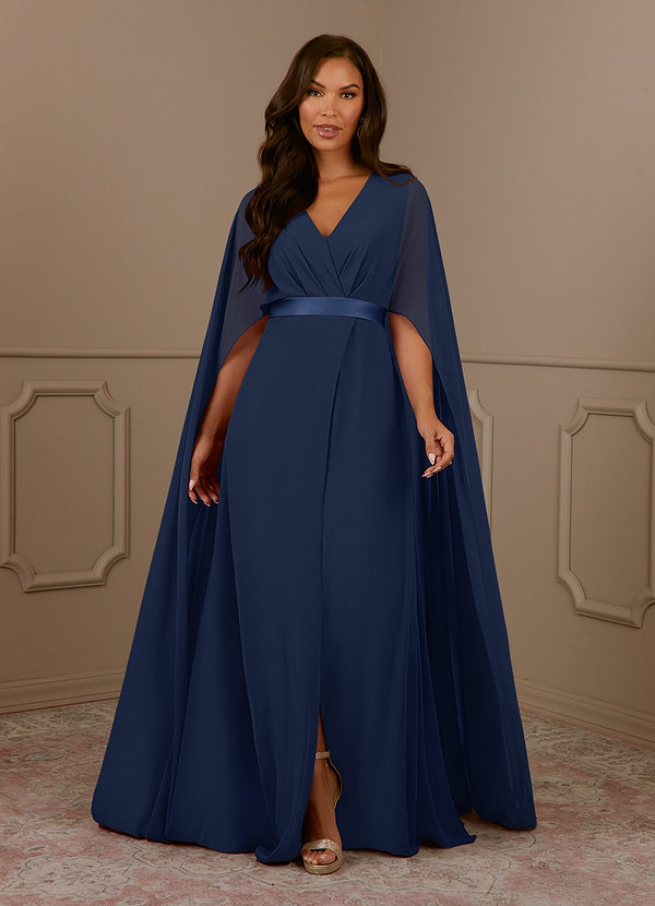 Azazie Isa Mother of the Bride Dresses Dark Navy A-Line V-Neck Pleated Chiffon Dress image1