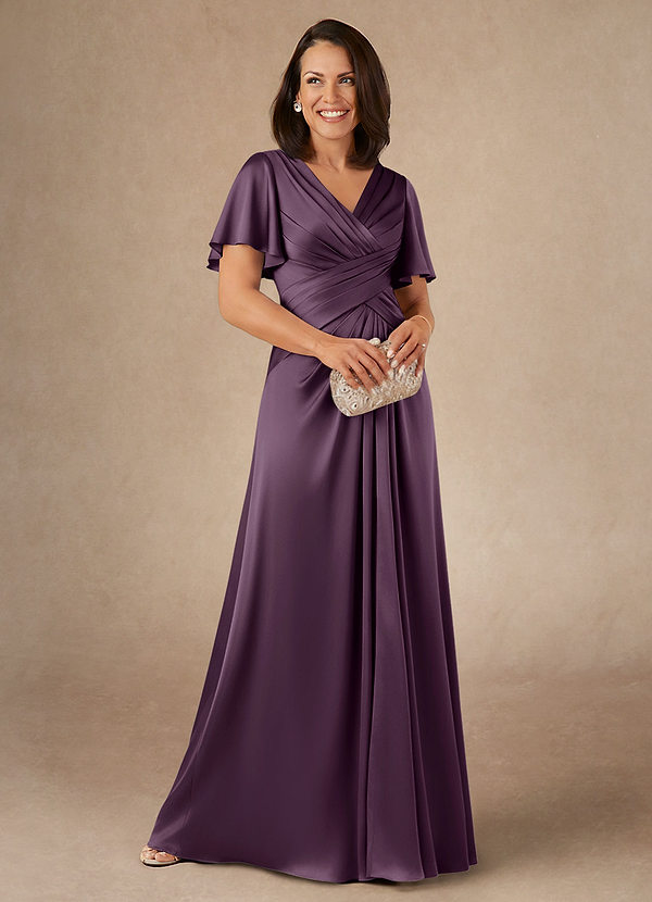 Azazie Emmeline Mother of the Brides Dresses Plum A-Line Pleated Stretch Satin Dress image1