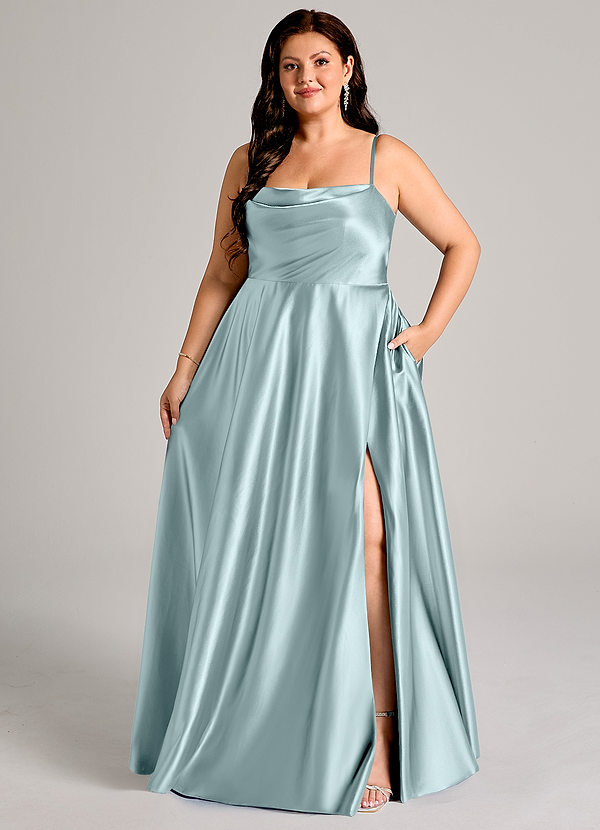 Azazie Elle Bridesmaid Dresses Mist A-Line with Pockets Metallic Satin Dress image1
