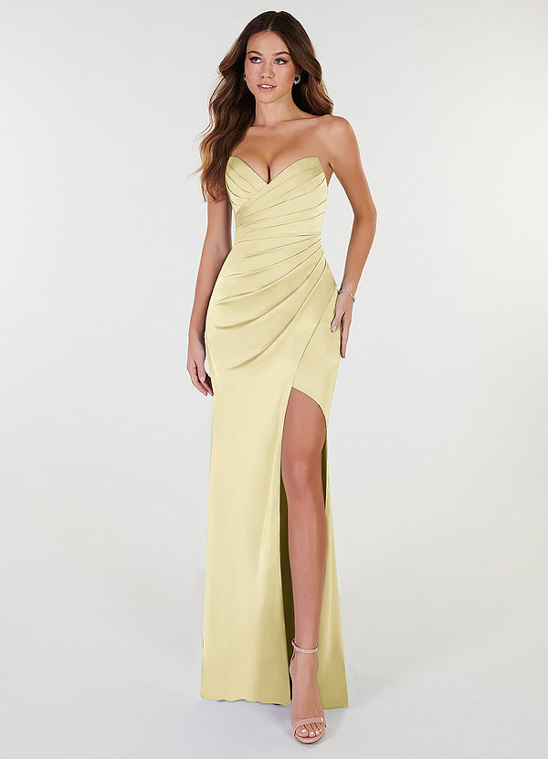Azazie Yola Vestidos Dama de Honor Vestido de Sorbete De Limón de Satén Elástico de Corte Recto Convertible con Cuello en V Plisado image1