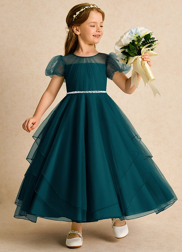 Azazie Duckie Abiti da Ragazza di Fiori Abito Principessa in Tulle Plissettato Pino image1