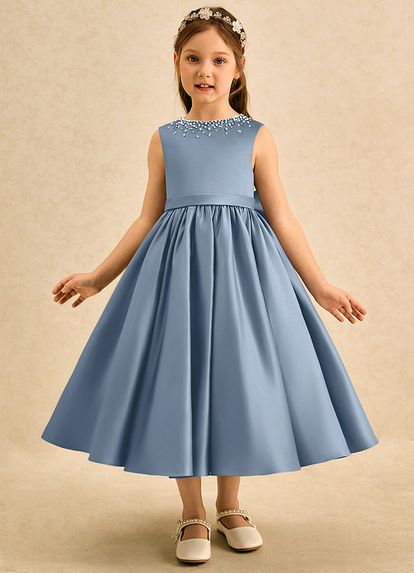 Azazie Doodle Flower Girl Dresses Dusty Blue Ball-Gown Bow Matte Satin Dress image1