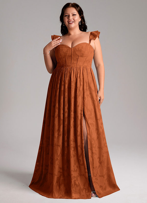 Azazie Denisse Bruidsmeisjes Jurken Jurk van Bloemen Burn-out met A-Lijn Ruches Verbrande Sinaasappel image1