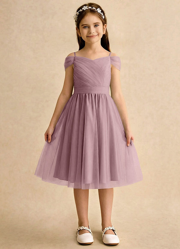 Azazie Lila Girls Formal Sukienki dla dziewczynek sypiących kwiaty Linia A Zza ramienia Tiul Długość do kolan Sukienka image1