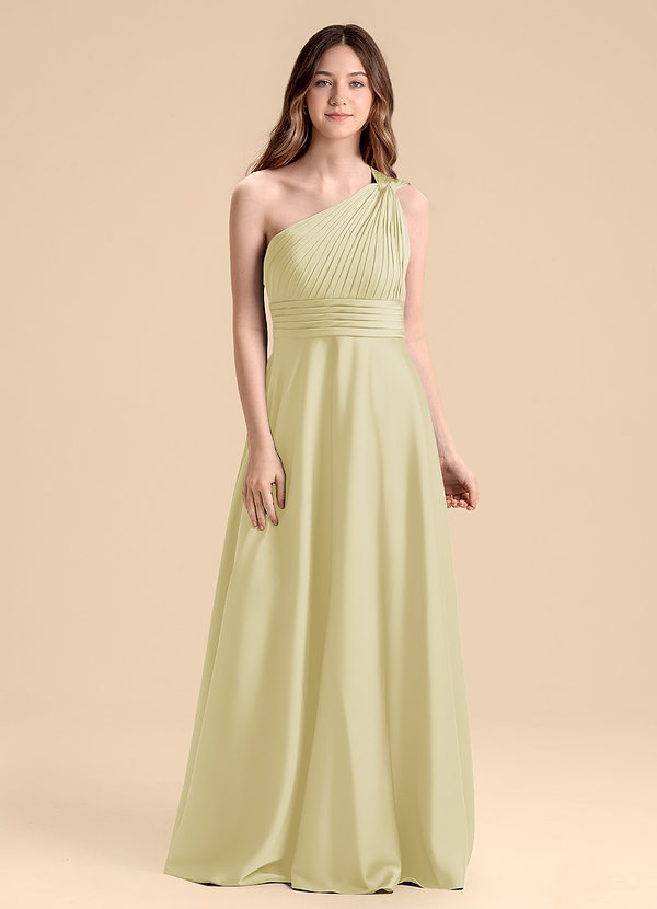 Azazie Charlize Junior Lemon Sorbet A-Line Pleated Stretch Satin Dress image1