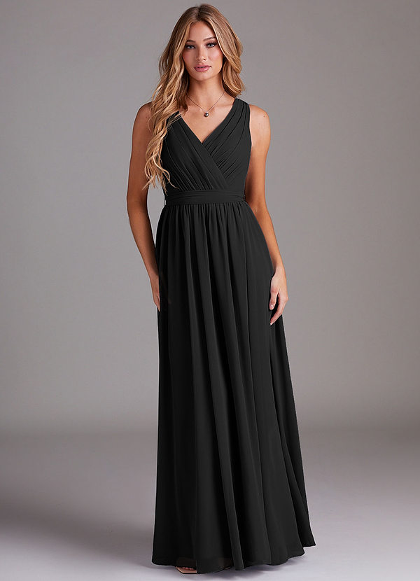 Azazie Kingsley Abiti da Damigella Abito A-Line in Chiffon Pizzo Nero image1