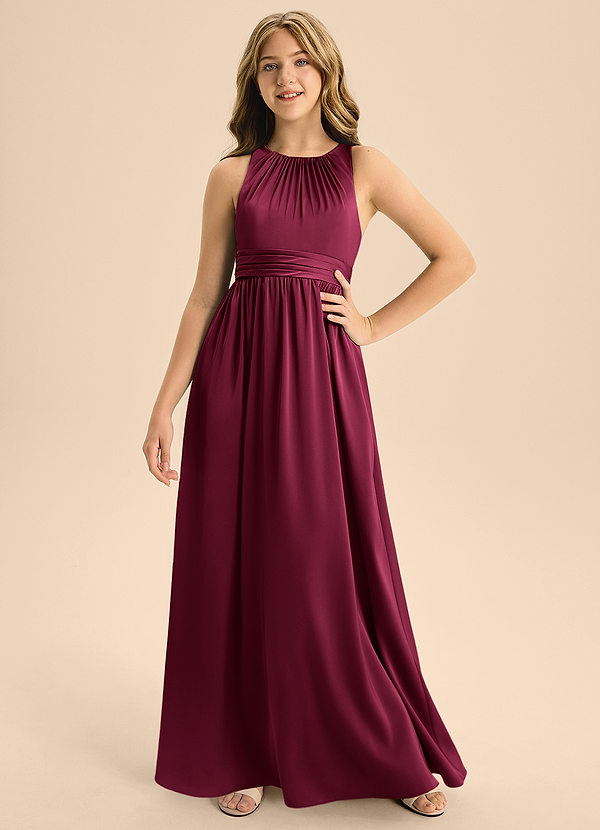 Azazie Jaylah Junior Burgundy A-Line Pleated Stretch Satin Dress image1