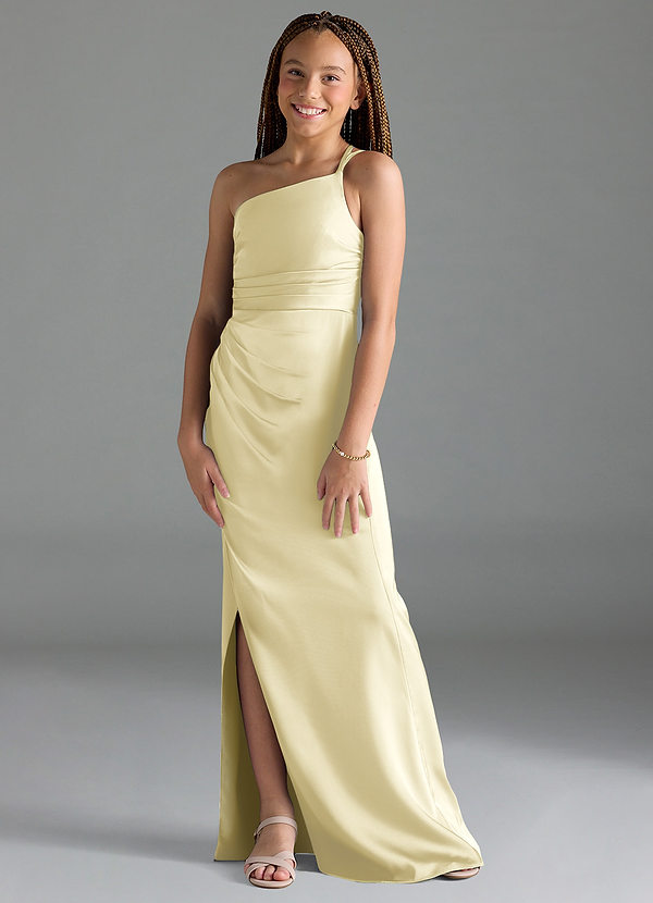 Azazie Eren Junior Lemon Sorbet Sheath Pleated Stretch Satin Dress image1
