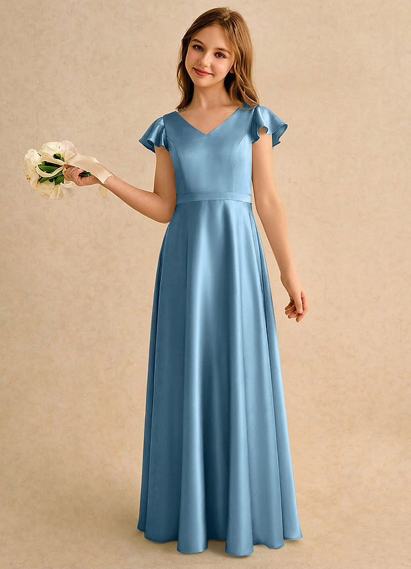 Azazie Nari Girls Formal Vestidos de Niña de Flores Vestido de Azul Acero de Satén Elástico de Corte en A con Con mangas image1