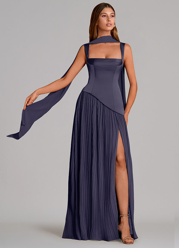 Azazie Stephanie Abiti da Damigella Abito A-Line in Raso Elasticizzato Plissettato Stormy image1