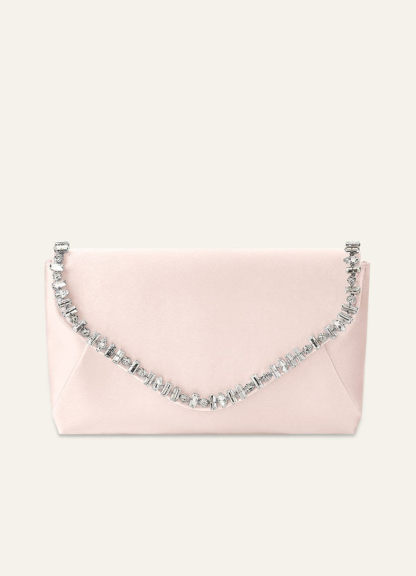 front Matching Color Crystal Trim Satin Evening Clutch Bag with Chain Strap