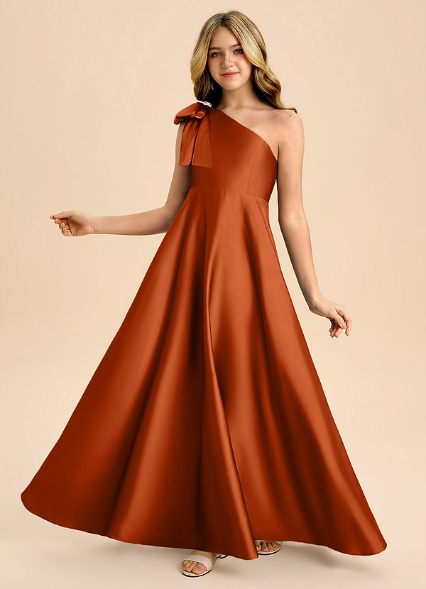 Azazie Penguin Junior Abito A-Line in Raso Elasticizzato Fiocco Arancia Bruciata image1