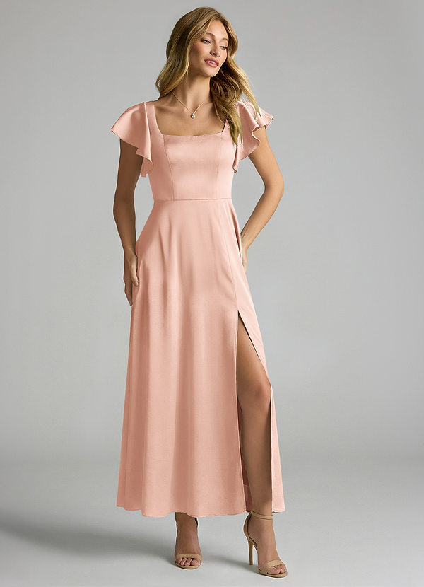 Azazie Bondi 신부 들러리 드레스 A라인 셔링 스트레치 새틴 발목 길이 드레스 image1