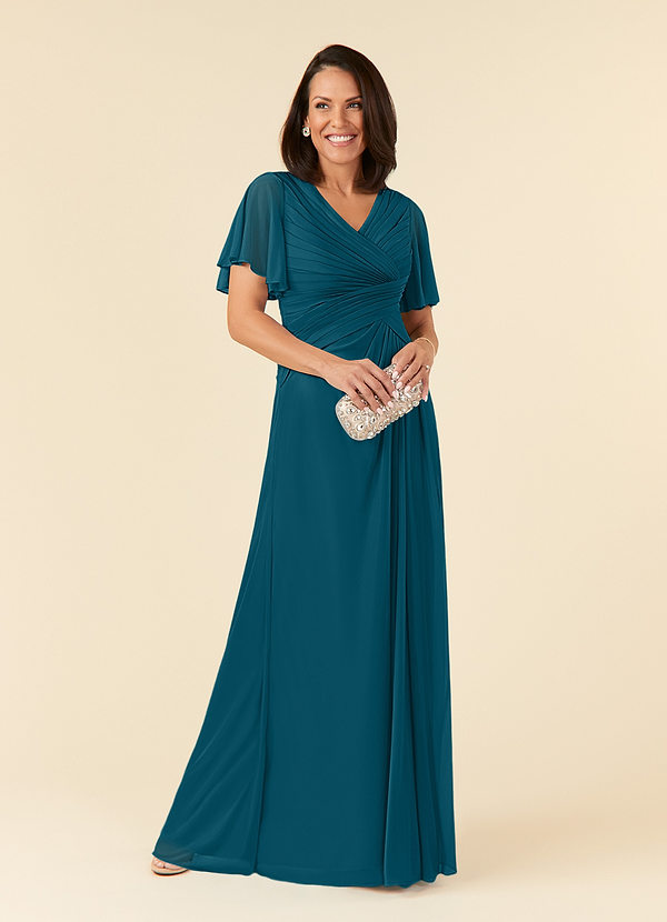 Azazie Emmeline Mother of the Bride Dresses Vestido Tinta Azul de Malha de Linha A com Plissado image1