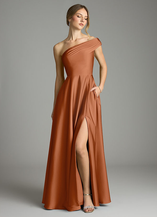 Azazie Melanie Bridesmaid Dresses Copper A-Line Off the Shoulder Stretch Satin Dress image1