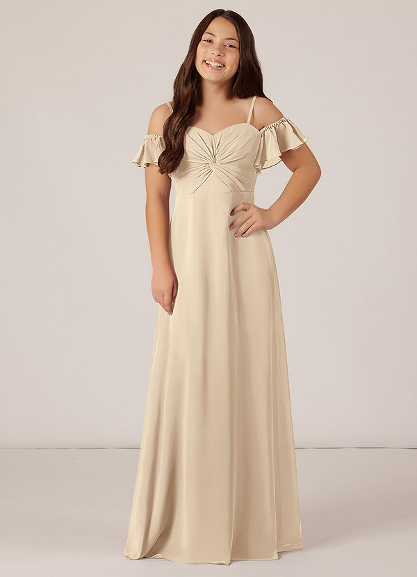 Azazie Juna Junior Champagne A-Line Off the Shoulder Chiffon Dress image1