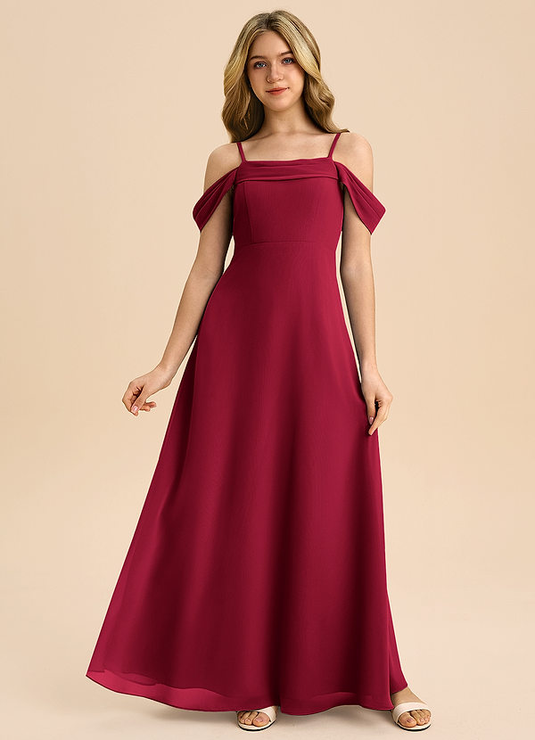 Azazie Anselie Junior Burgundy A-Line Off the Shoulder Chiffon Dress image1