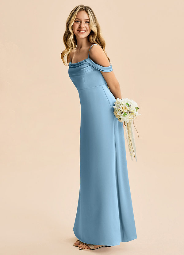Azazie Lettie Junior A-Linie Schulterfrei Stretch-Satin Kleid Stahlblau image1