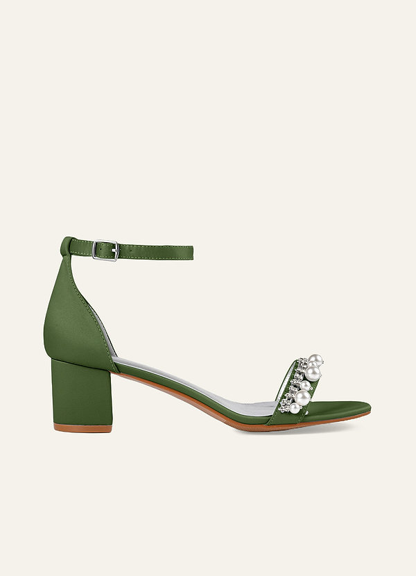 front Matching Color Matte Satin Rhinestone and Pearl Block Heel Sandals
