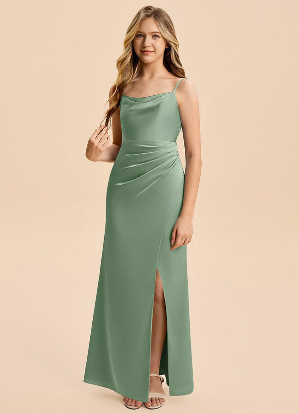 Azazie Christen Junior Matcha Sheath Pleated Stretch Satin Dress image1