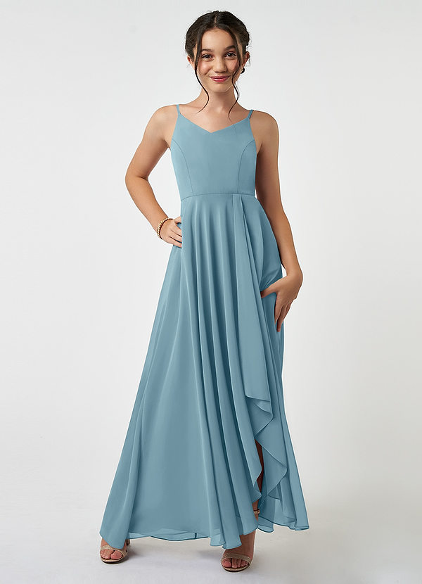 Azazie Collette Junior A-Linie Gestreift Chiffon Kleid Stimmungsvolles Blau image1