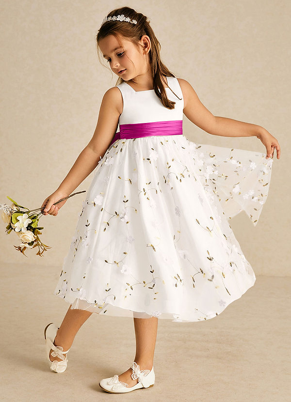 Azazie Pollie Flower Girl Dresses Ivory Fuchsia A-Line Bow Tulle Dress image1