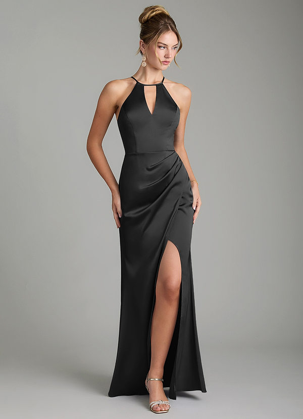 Azazie Aidyn Bridesmaid Dresses Black Sheath Pleated Stretch Satin Dress image1