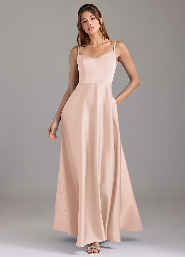 Azazie Marley Bridesmaid Dresses Blushing Pink A-Line Off the Shoulder Stretch Satin Convertible Dress image1