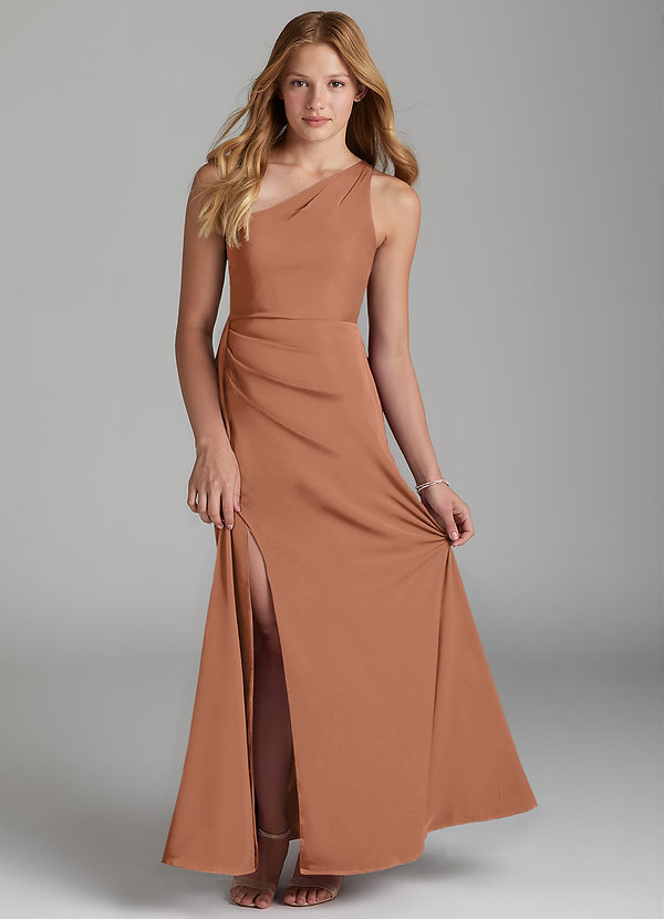 Azazie Maron Junior Bronzer A-Line Pleated Stretch Satin Dress image1